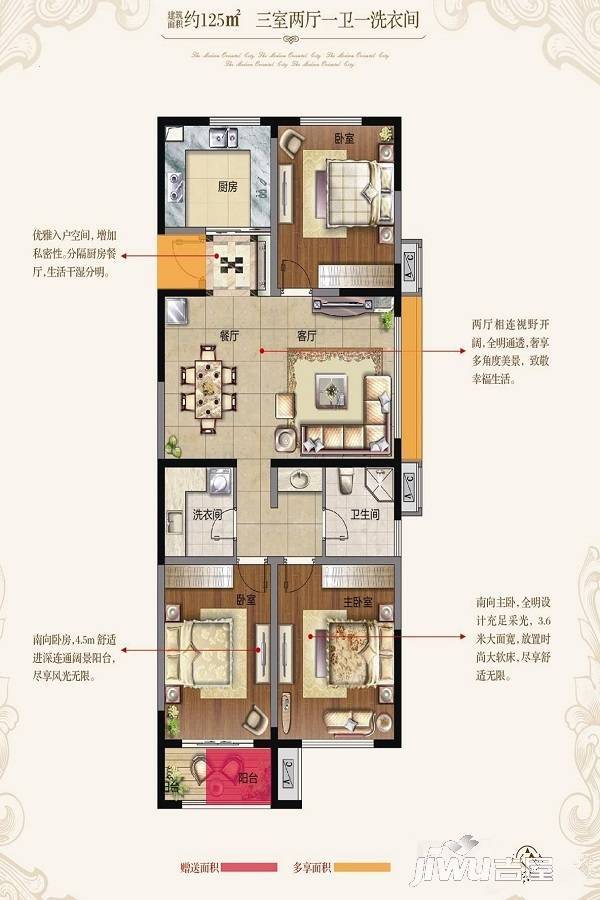 东方现代城3室2厅1卫125㎡户型图