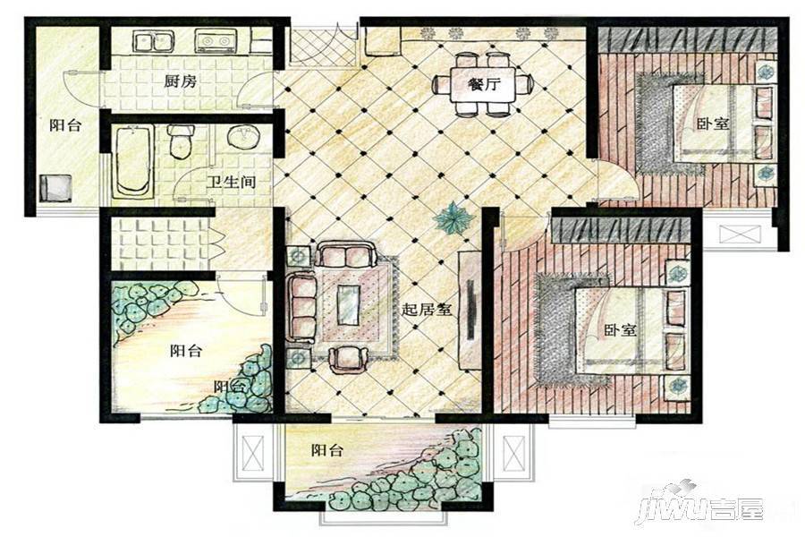 西城格兰艺堡2室2厅1卫108.4㎡户型图