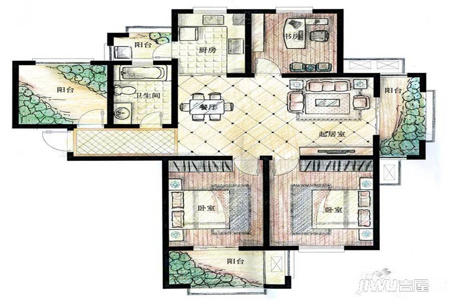 西城格兰艺堡3室2厅1卫123.3㎡户型图