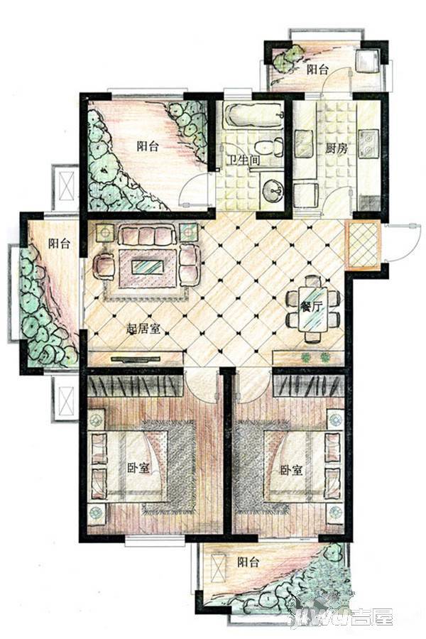 西城格兰艺堡2室2厅1卫105.5㎡户型图