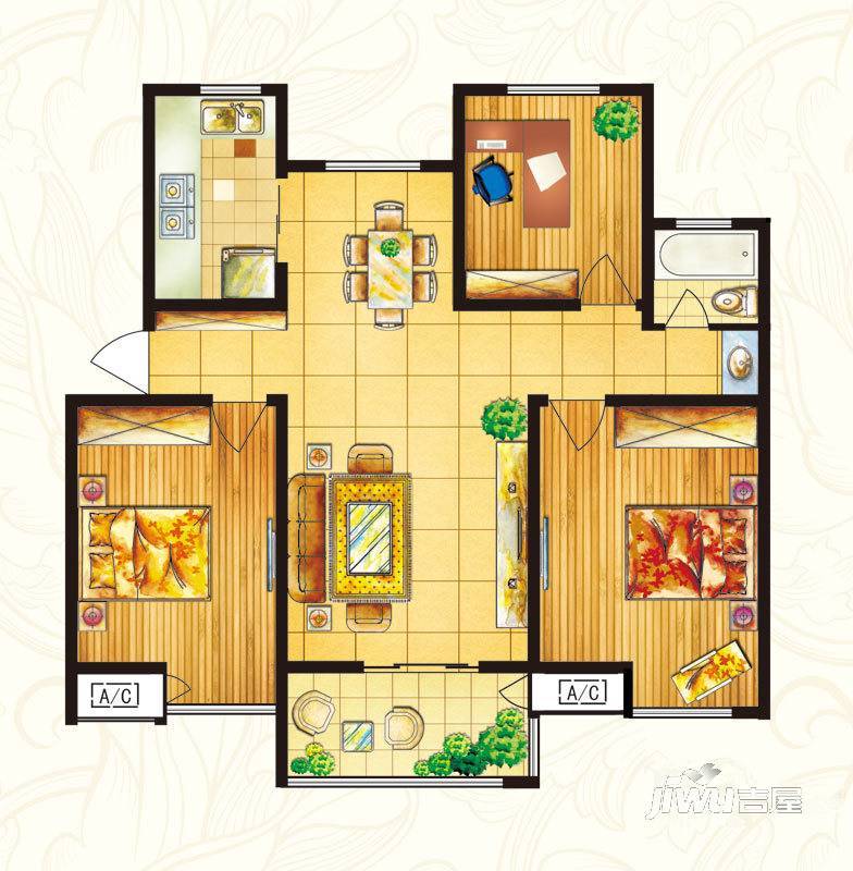 桃花源3室2厅1卫129.8㎡户型图