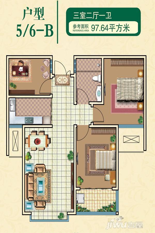 世纪佳苑3室2厅1卫97.6㎡户型图