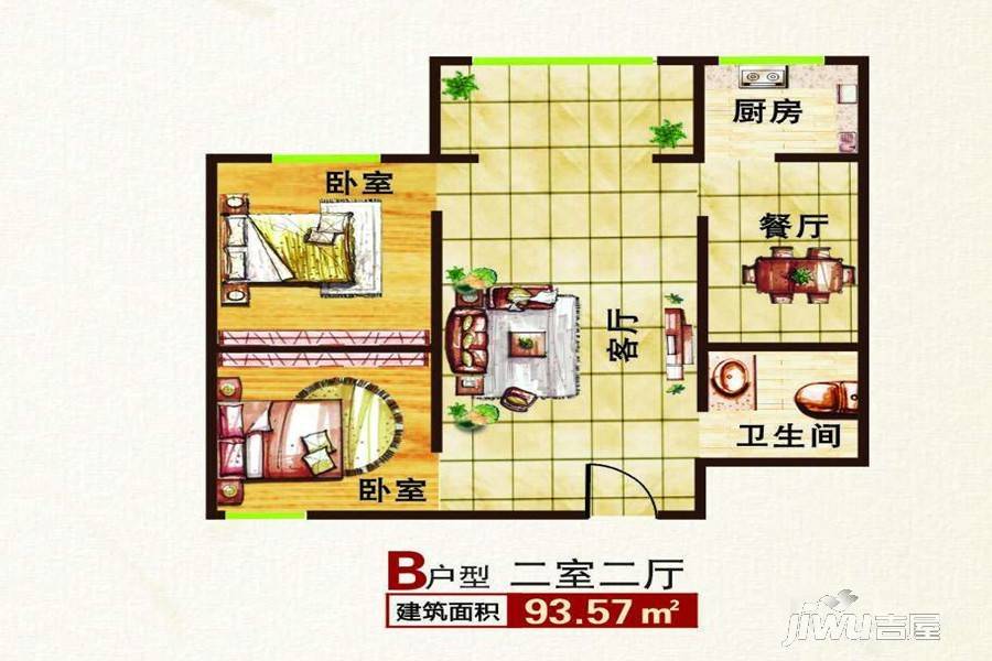 龙悦盛庭2室2厅1卫93.6㎡户型图