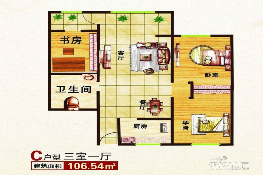 龙悦盛庭3室1厅1卫106.5㎡户型图