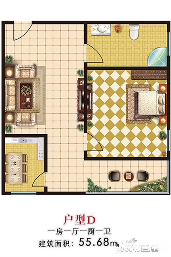 候鸟温泉嘉园1室1厅1卫55.7㎡户型图