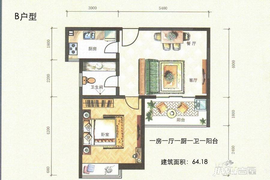 博鳌·海威景苑1室1厅1卫64.2㎡户型图