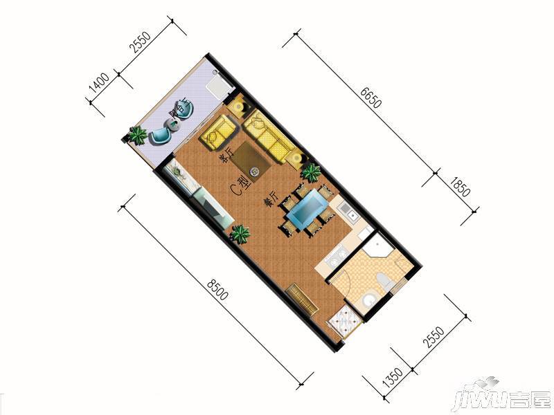 三亚椰岛阳光花园1室0厅1卫45.6㎡户型图