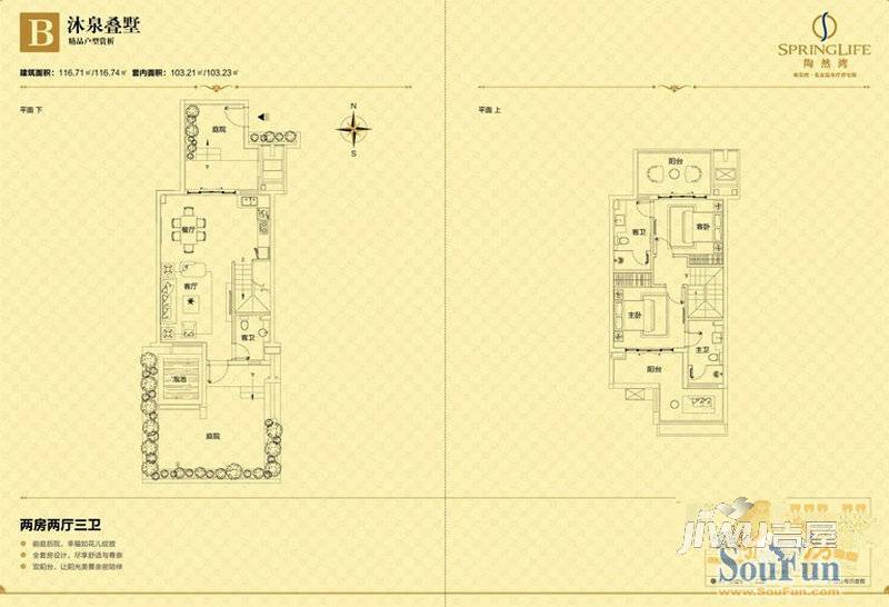 陶然湾黄金泉2室2厅3卫116㎡户型图