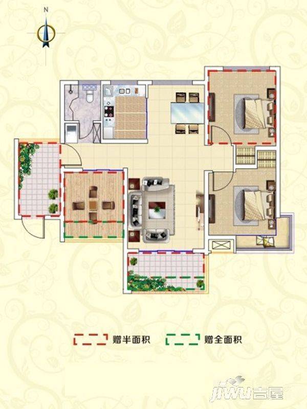 金祥万卷山3室2厅2卫102.8㎡户型图