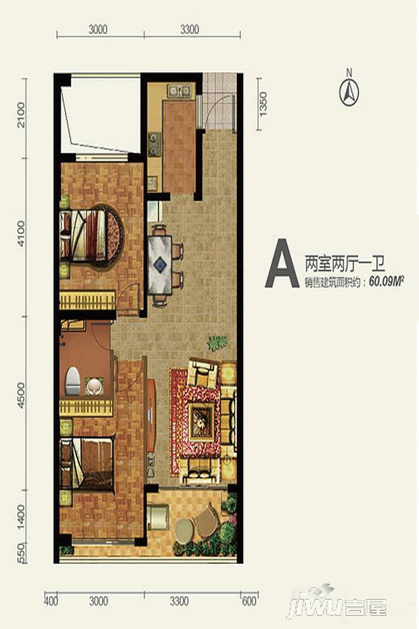 山海湾温泉家园五期二区2室2厅1卫60.9㎡户型图