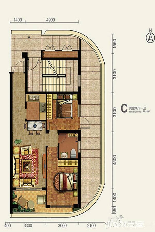 山海湾温泉家园五期二区2室2厅1卫56.2㎡户型图