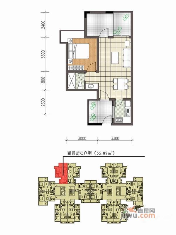 南天凤凰城1室1厅1卫55.9㎡户型图