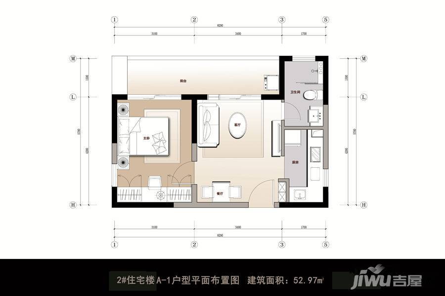 海南东方汇园1室2厅1卫53㎡户型图