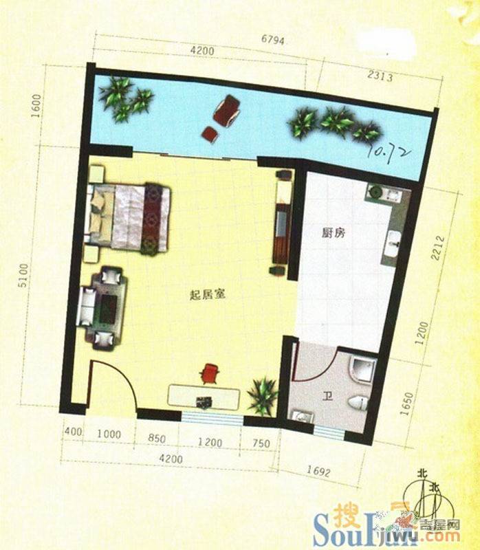 龙栖湾温泉花园1室1厅1卫44.4㎡户型图