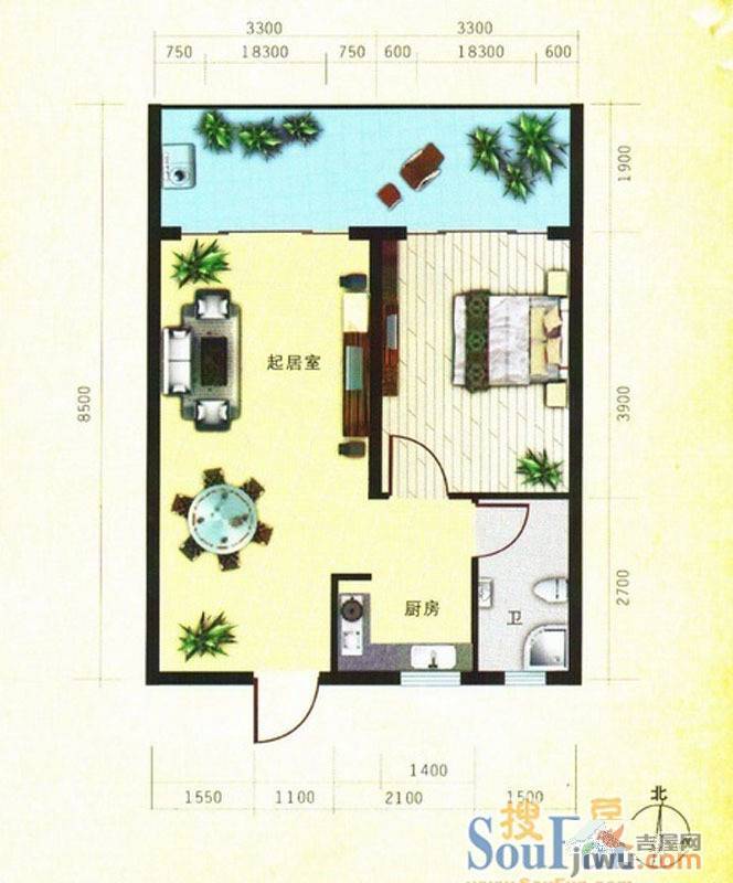 龙栖湾温泉花园1室1厅1卫44.4㎡户型图