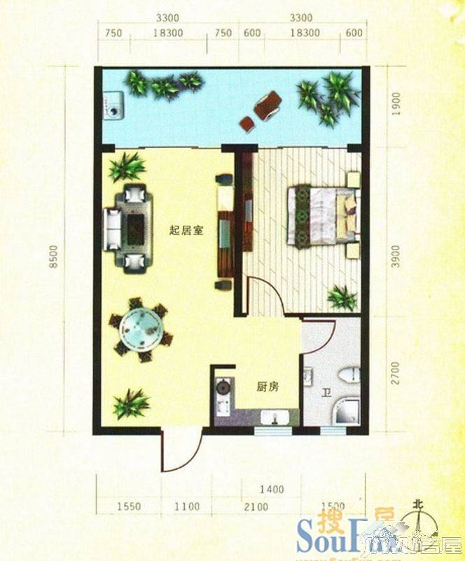 龙栖湾温泉花园1室1厅1卫44.4㎡户型图