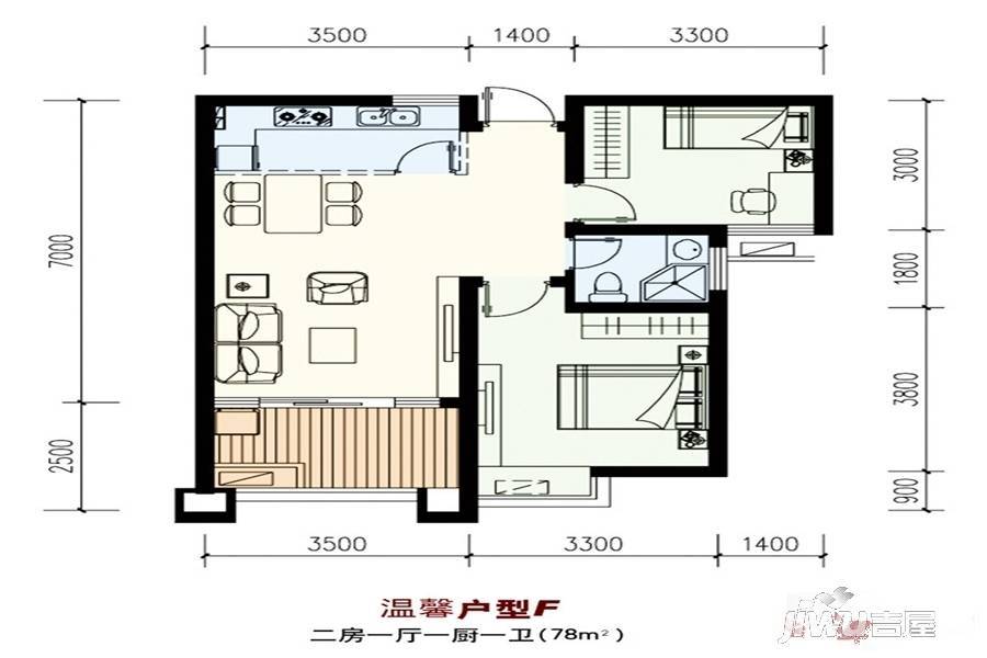 海南大印经典花园2室1厅1卫78㎡户型图