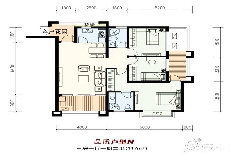 海南大印经典花园3室1厅1卫117㎡户型图