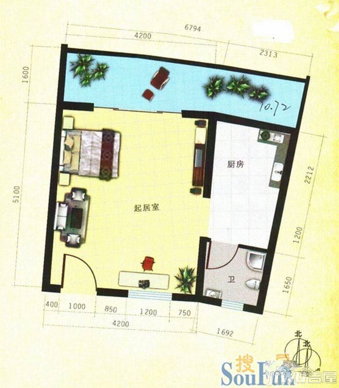 龙栖湾温泉花园1室1厅1卫44.4㎡户型图