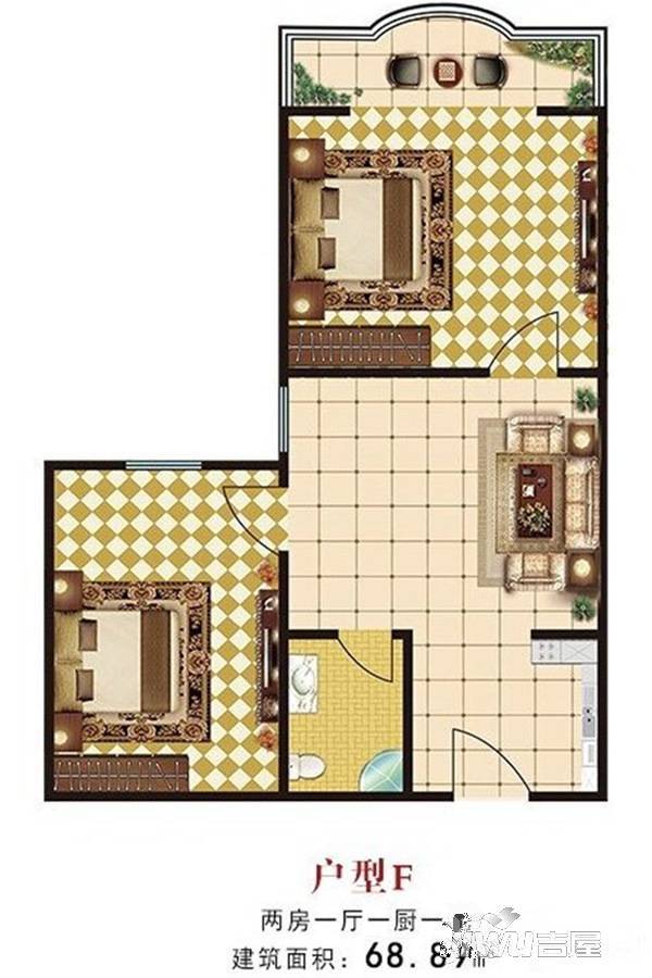 候鸟温泉嘉园2室1厅1卫68.9㎡户型图