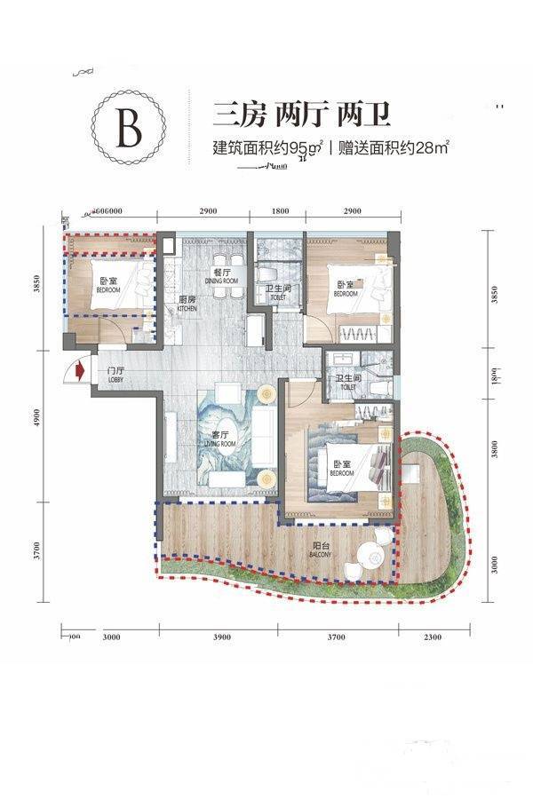 清凤海棠长滩3室2厅2卫95㎡户型图