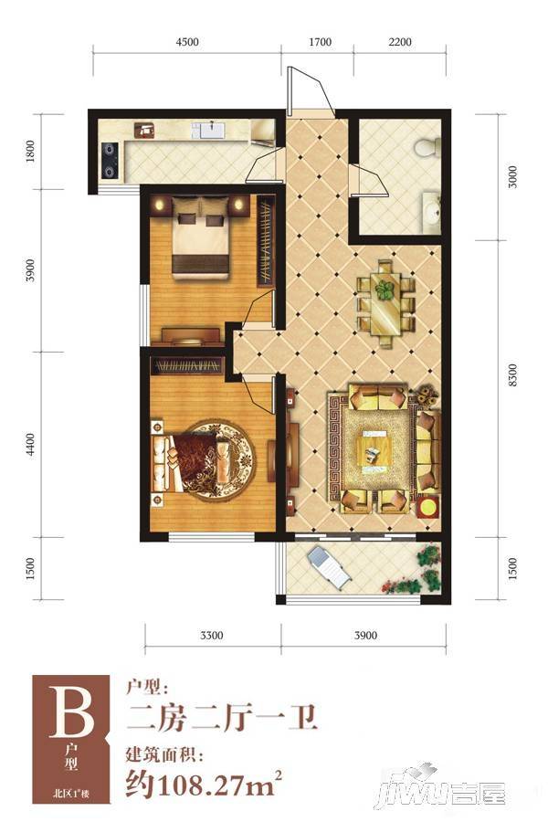 东关福居2室2厅1卫102.3㎡户型图