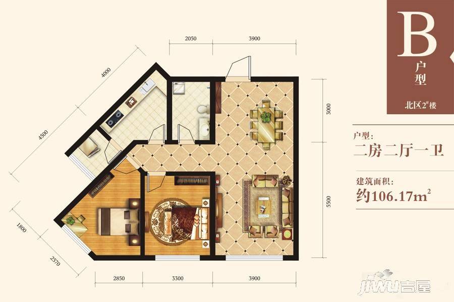 东关福居2室2厅2卫106.2㎡户型图