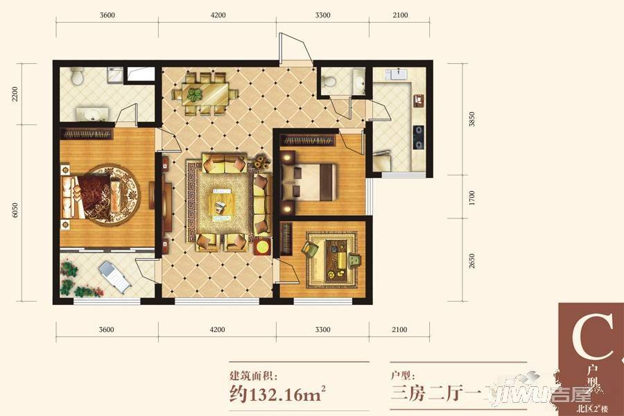 东关福居3室2厅1卫132.2㎡户型图