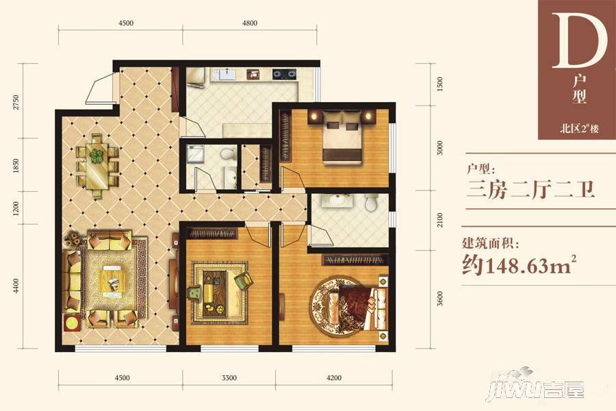 东关福居3室2厅2卫148.6㎡户型图