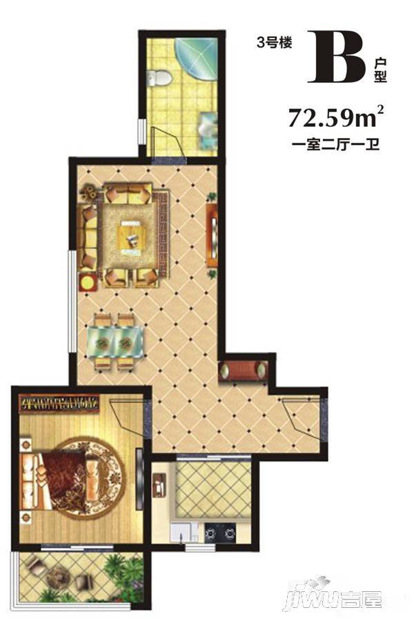 山水阳光人家1室2厅1卫72.6㎡户型图