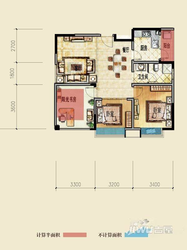 莱茵北郡3室2厅1卫80㎡户型图