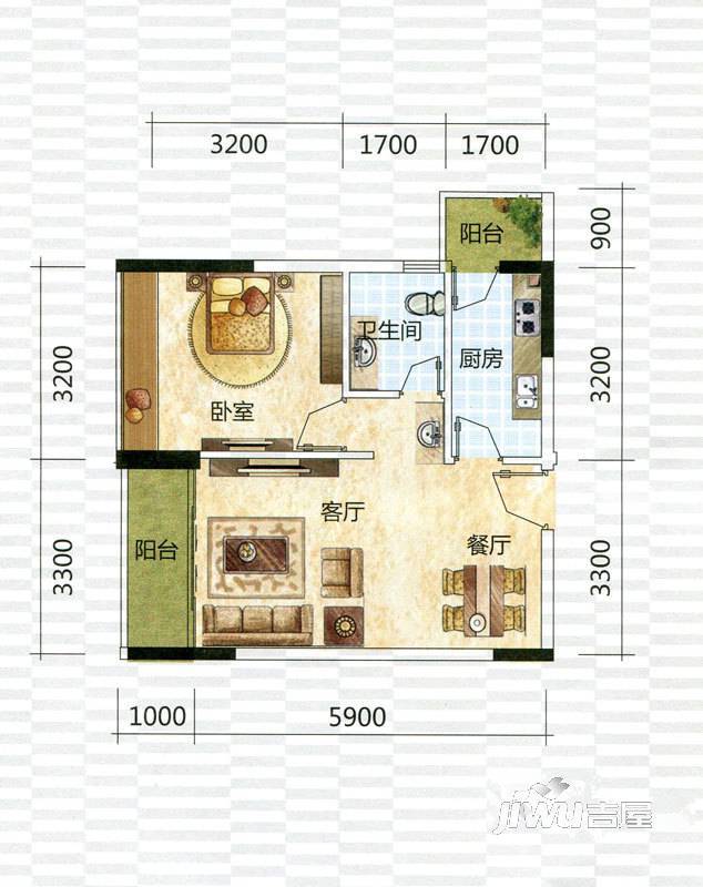 沃德梦想1室2厅1卫58㎡户型图