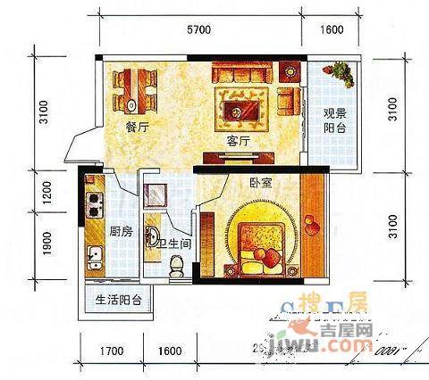 沃德梦想1室2厅1卫52㎡户型图