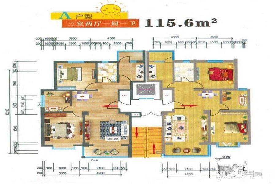 金色佳苑3室2厅1卫105.5㎡户型图