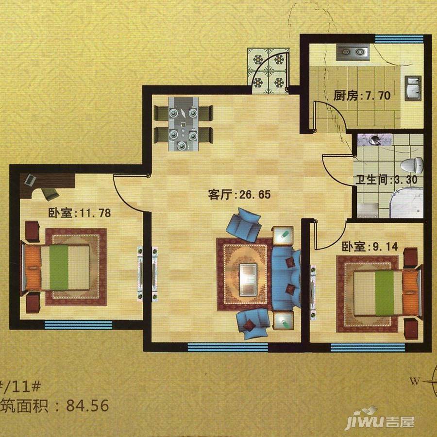 御景旷世2室1厅1卫84.6㎡户型图