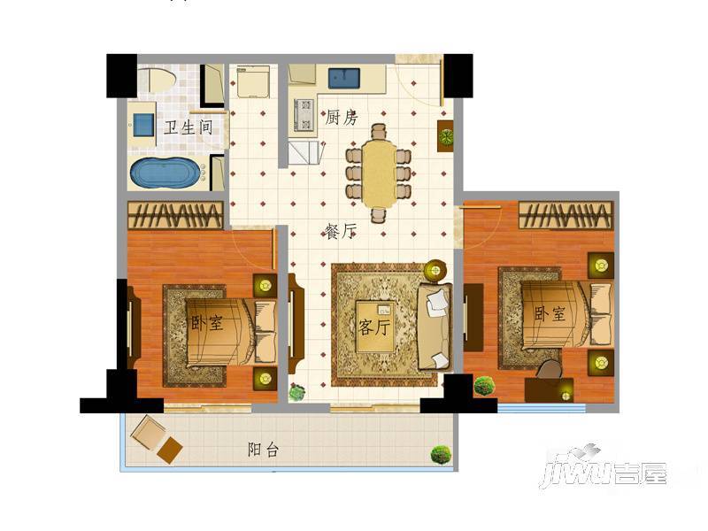 通商华富国际广场2室2厅1卫96㎡户型图