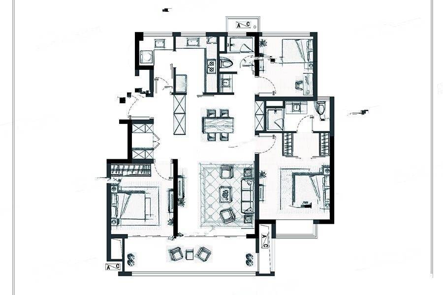 万科翡翠公园3室2厅2卫105㎡户型图