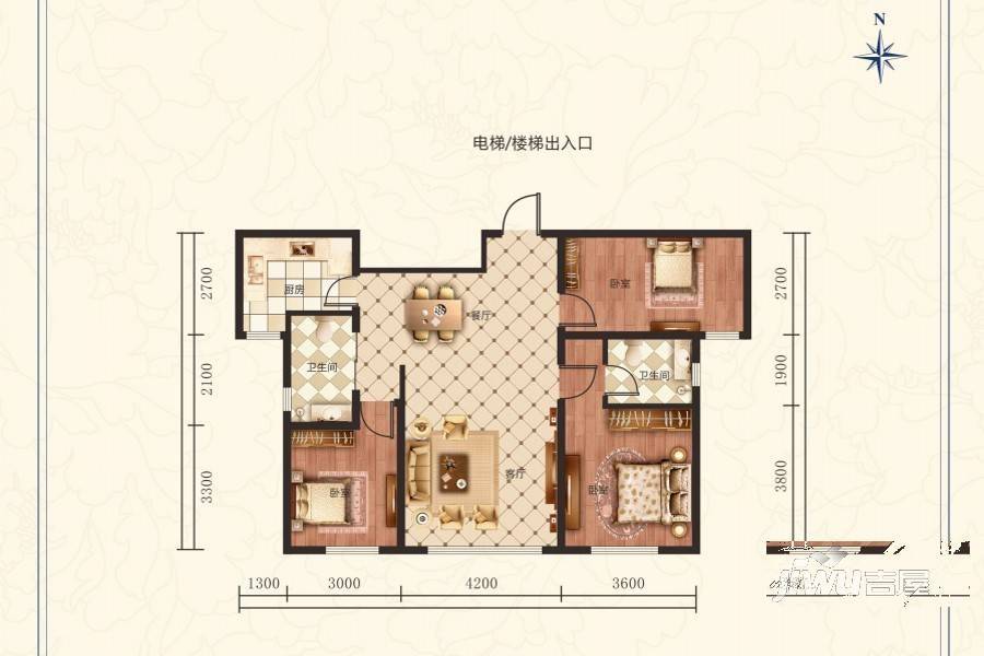 美仑环球港3室2厅1卫122㎡户型图