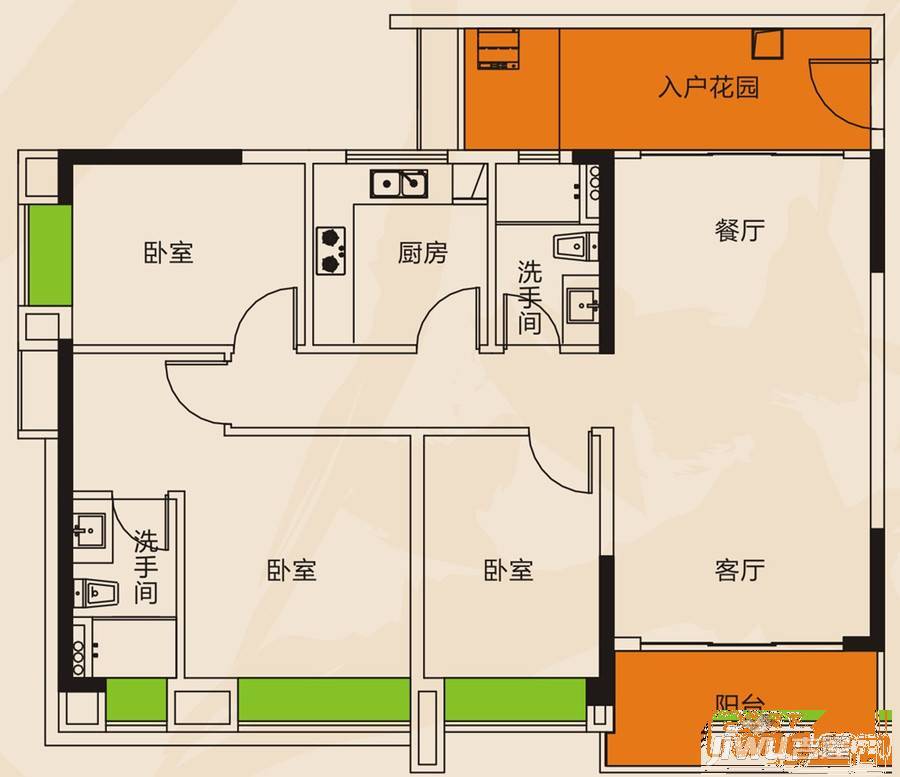 俊和闲庭3室2厅2卫126.9㎡户型图