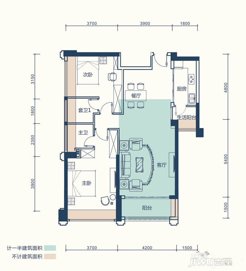 五洲家园2室2厅2卫92㎡户型图