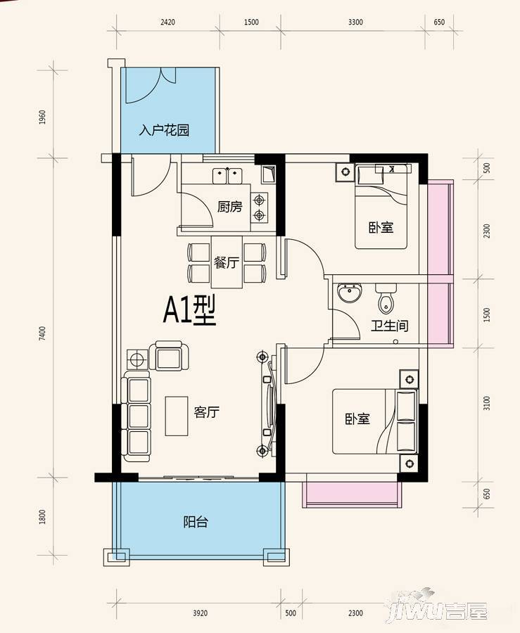 黄杨明月轩2室2厅1卫69.8㎡户型图