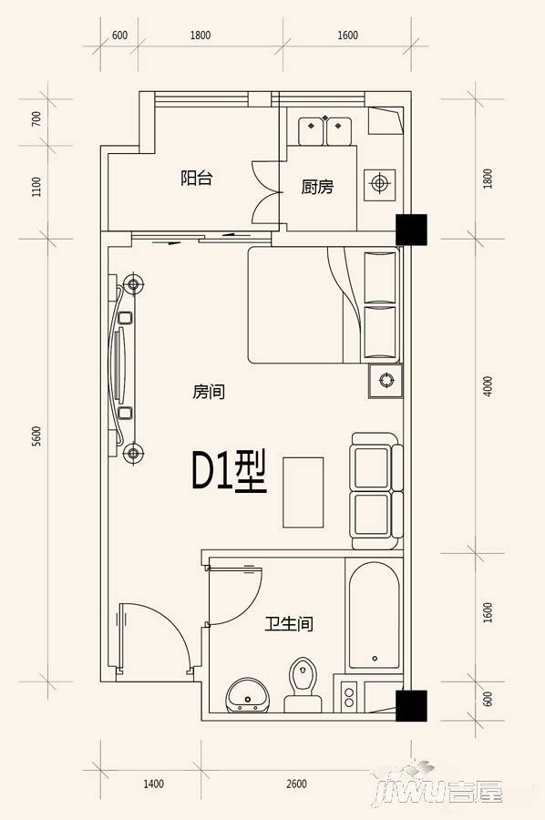 黄杨明月轩1室0厅1卫43㎡户型图