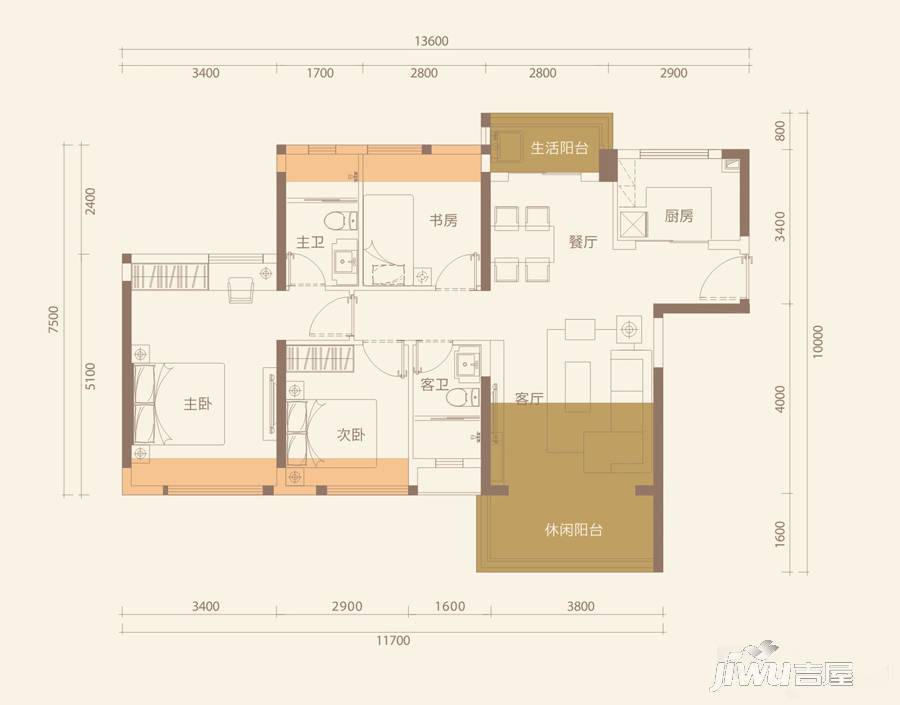 鸿泰·西岸中央3室2厅2卫96㎡户型图