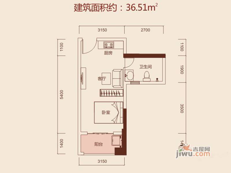 诚丰水晶座1室1厅1卫36.5㎡户型图