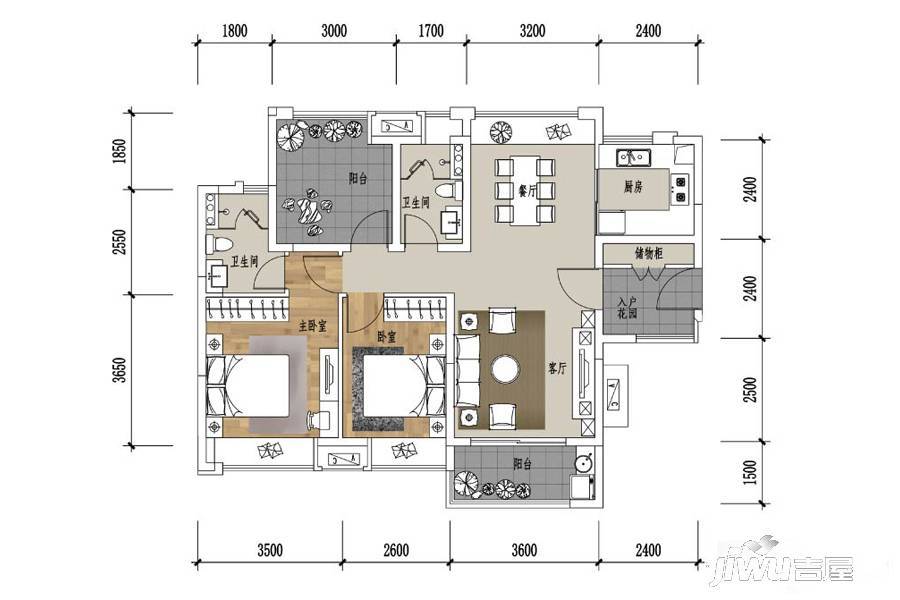 保利时代3室2厅2卫96㎡户型图