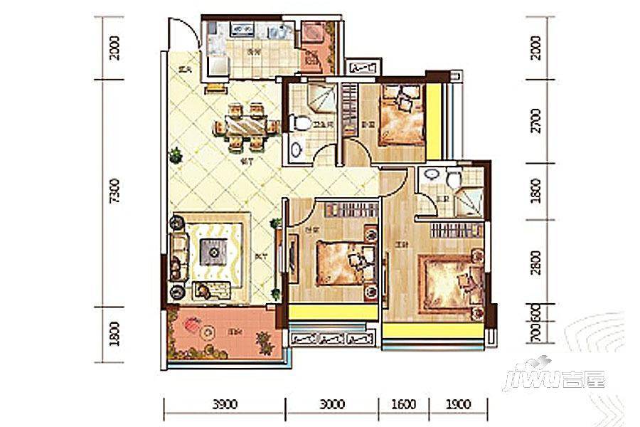 瑞信美域3室2厅2卫106㎡户型图