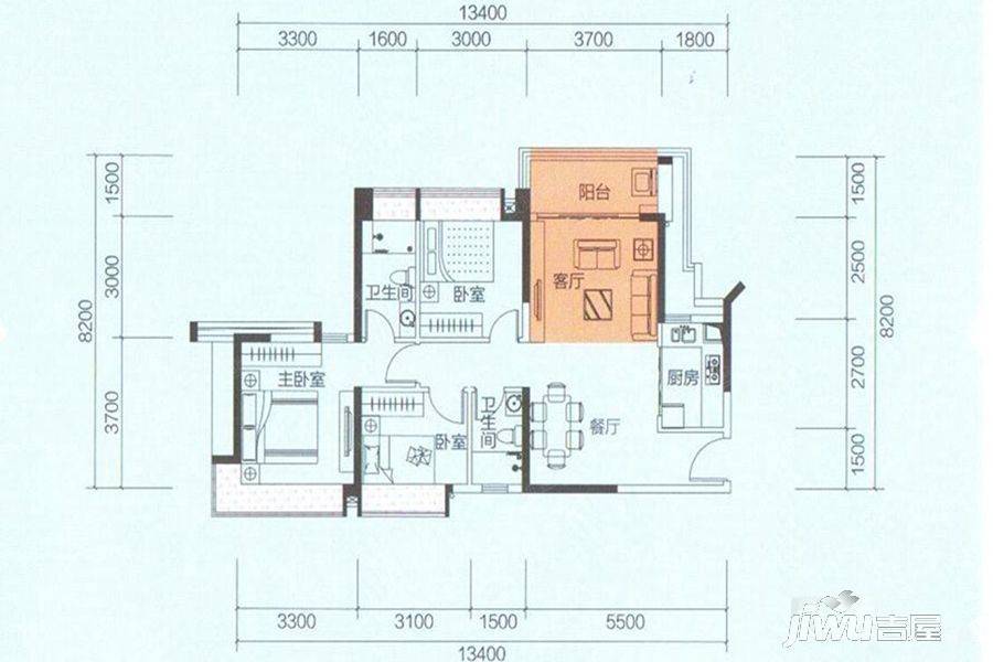 华发城建未来荟3室2厅1卫91㎡户型图