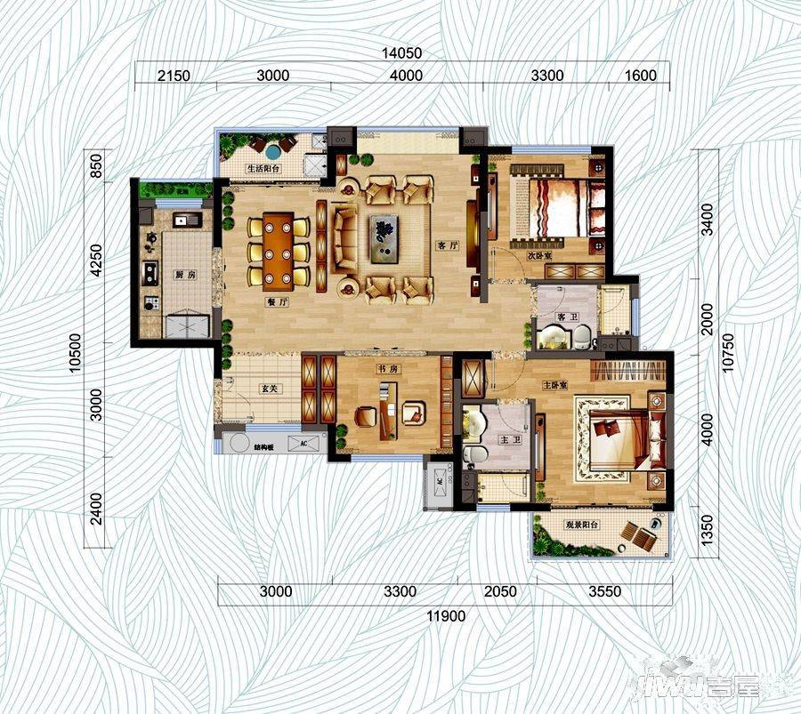 万科红树东岸3室2厅2卫122㎡户型图