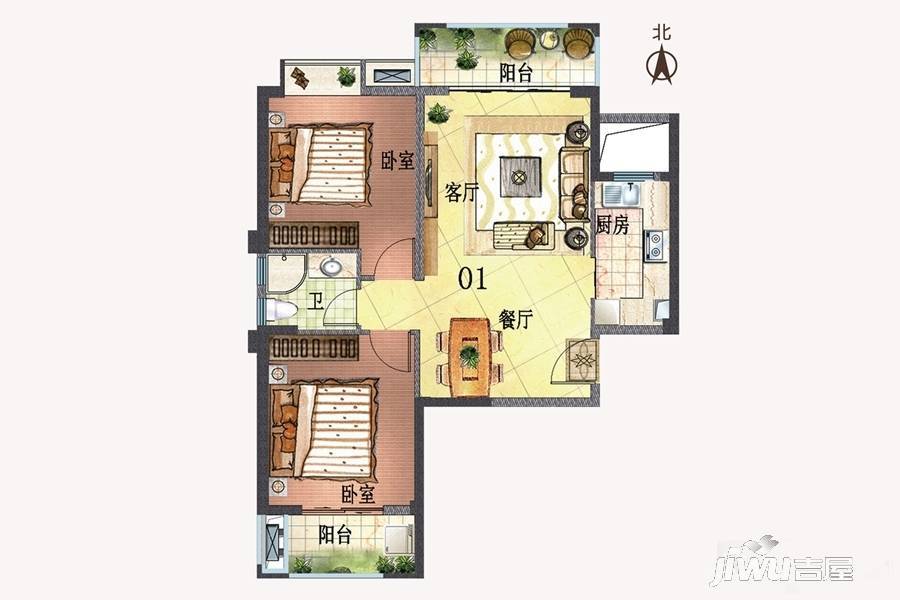 特房黎安小镇四期2室2厅1卫89㎡户型图