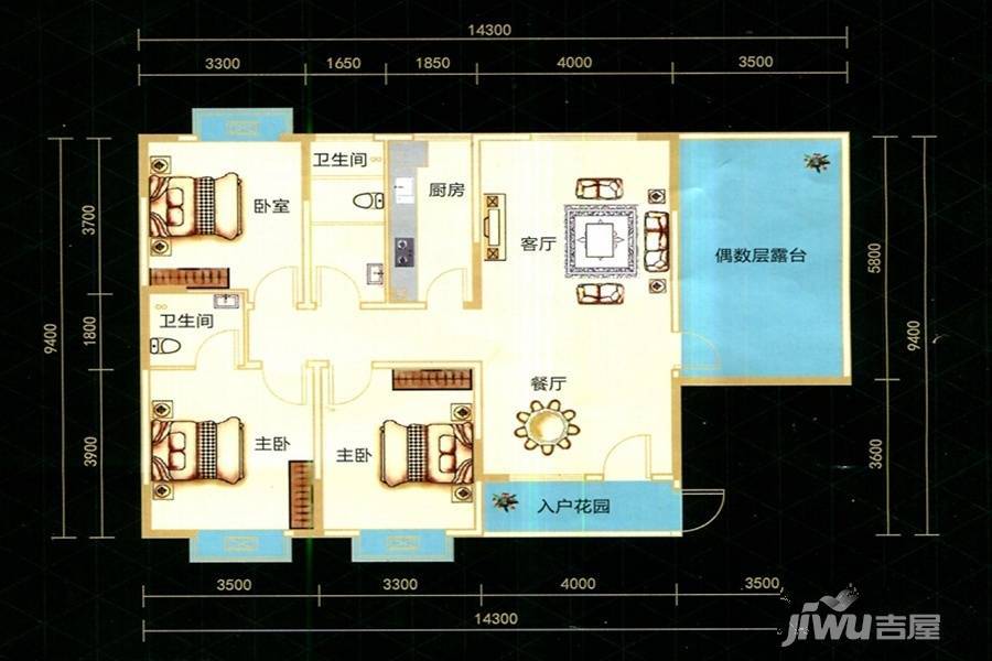 九悦廷3室2厅2卫124.3㎡户型图